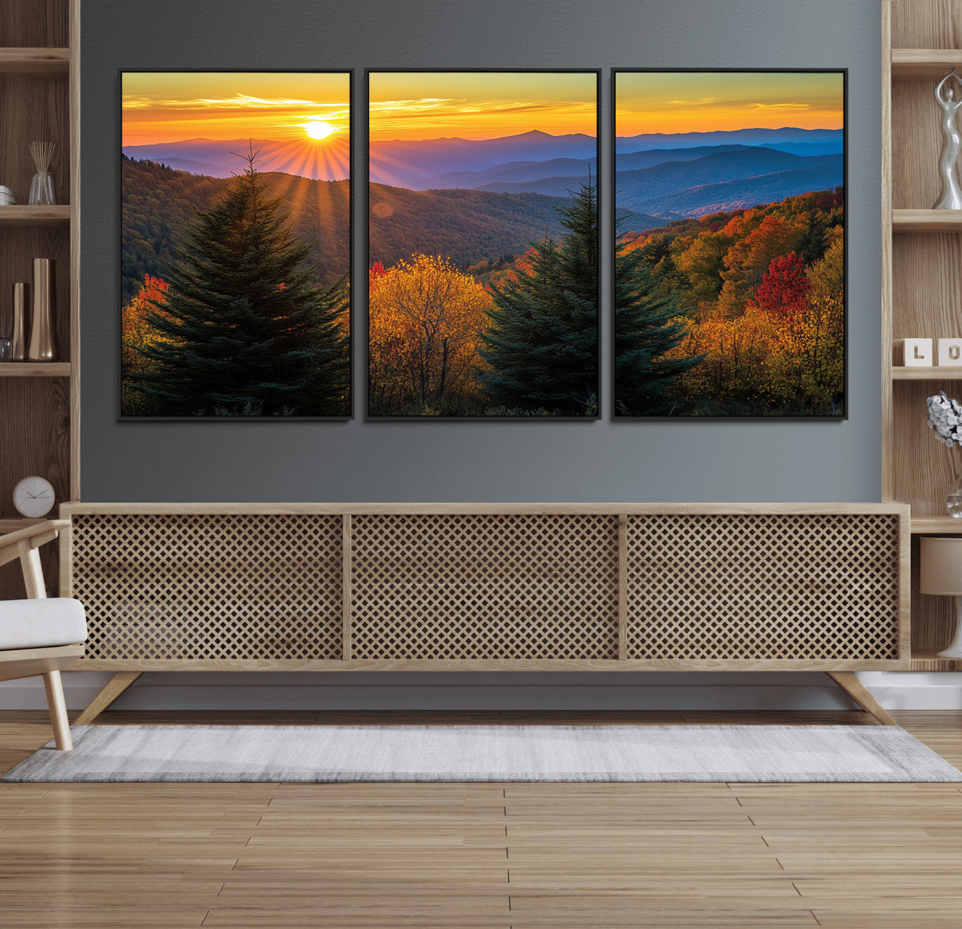 MGV-FC-60X30-3P - Golden Sunset Over Mountain Forest Canvas Wall Art Print - Warm Nature-Inspired Landscape for Living