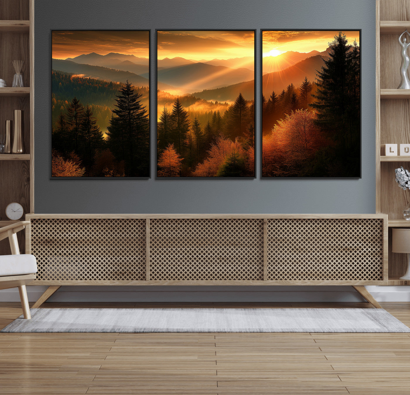 MGV-FC-60X30-3P - Golden Sunset Over Mountain Forest Canvas Wall Art Print - Warm Nature Landscape Print