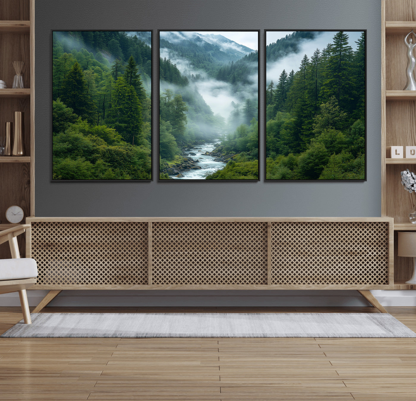 69453-MGV-FC-60X30-3P_Black-Mountain Forest River Canvas Wall Art Print - Serene Nature Landscape for Living Room, Office, or