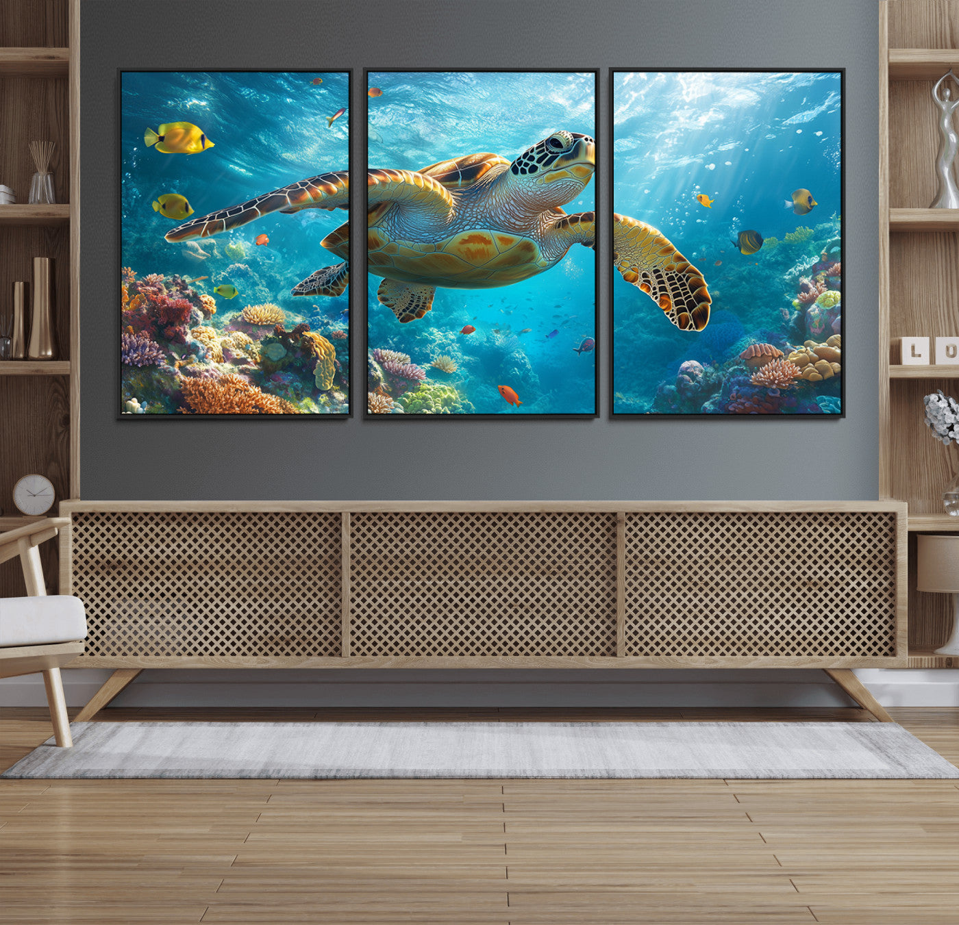 37623-MGV-FC-60X30-3P_Black-Sea Turtle Underwater Canvas Wall Art Print - Vibrant Ocean Wildlife Decor, Marine Wall Art