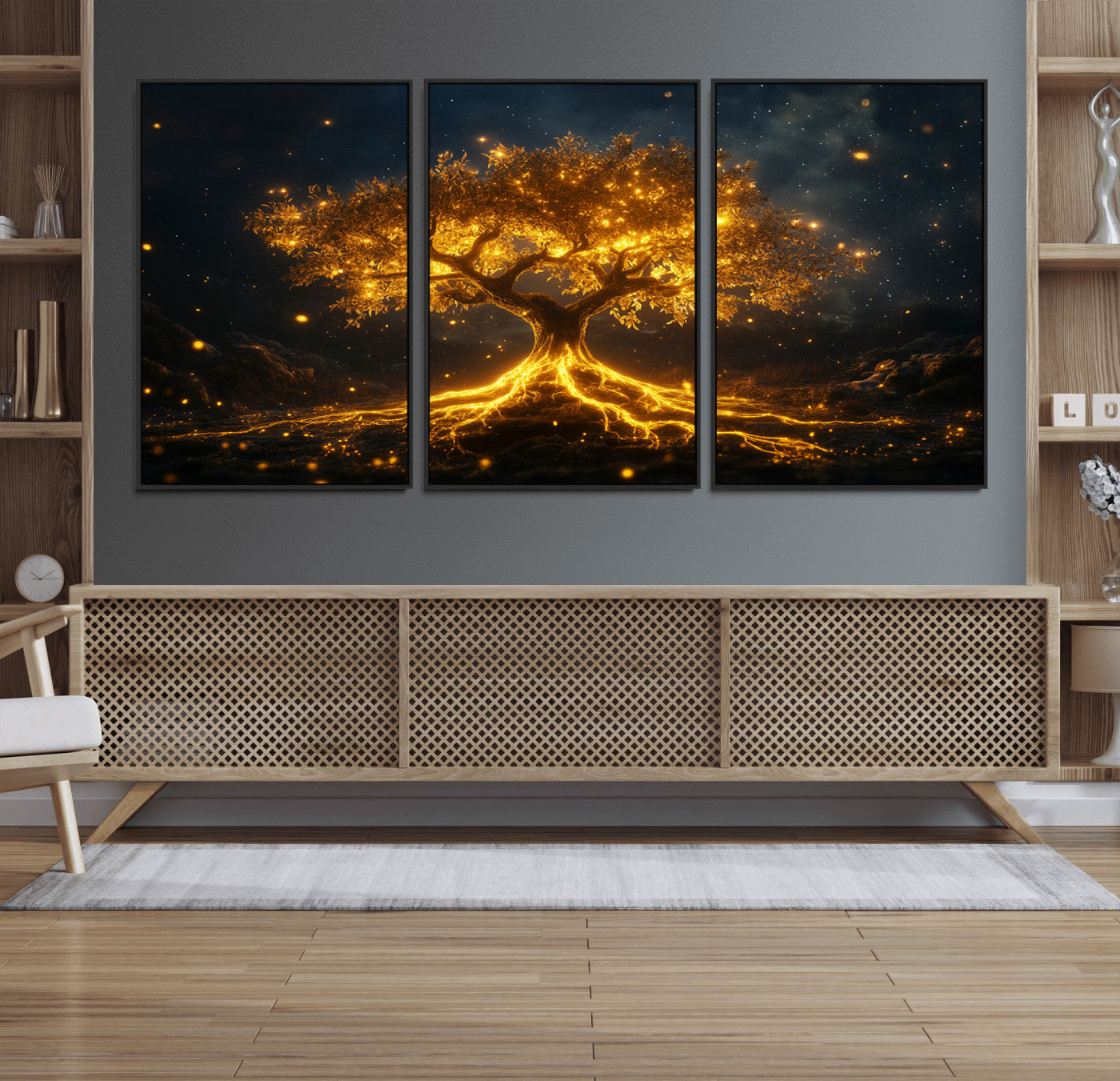 MGV-FC-60X30-3P - Golden Tree of Life Canvas Wall Art Print - Majestic Glowing Tree Design for Living Room, Office, or