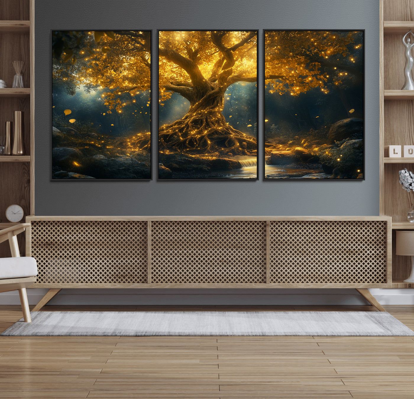 MGV-FC-60X30-3P - Golden Tree of Life Canvas Wall Art Print - Majestic Glowing Tree Wall Art Print