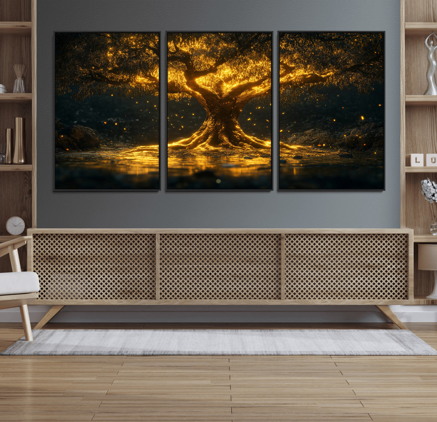 59580-MGV-FC-60X30-3P_Black-Golden Tree of Life Canvas Wall Art Print - Majestic Glowing Tree Wall Art Print