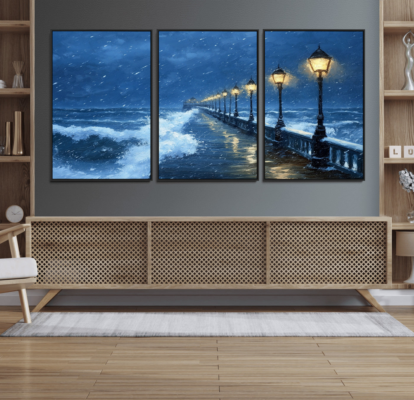 32668-MGV-FC-60X30-3P_Black-Stormy Ocean Pier Lights Canvas Wall Art Print - Large Moody Night Scene for Living Room, or Office,