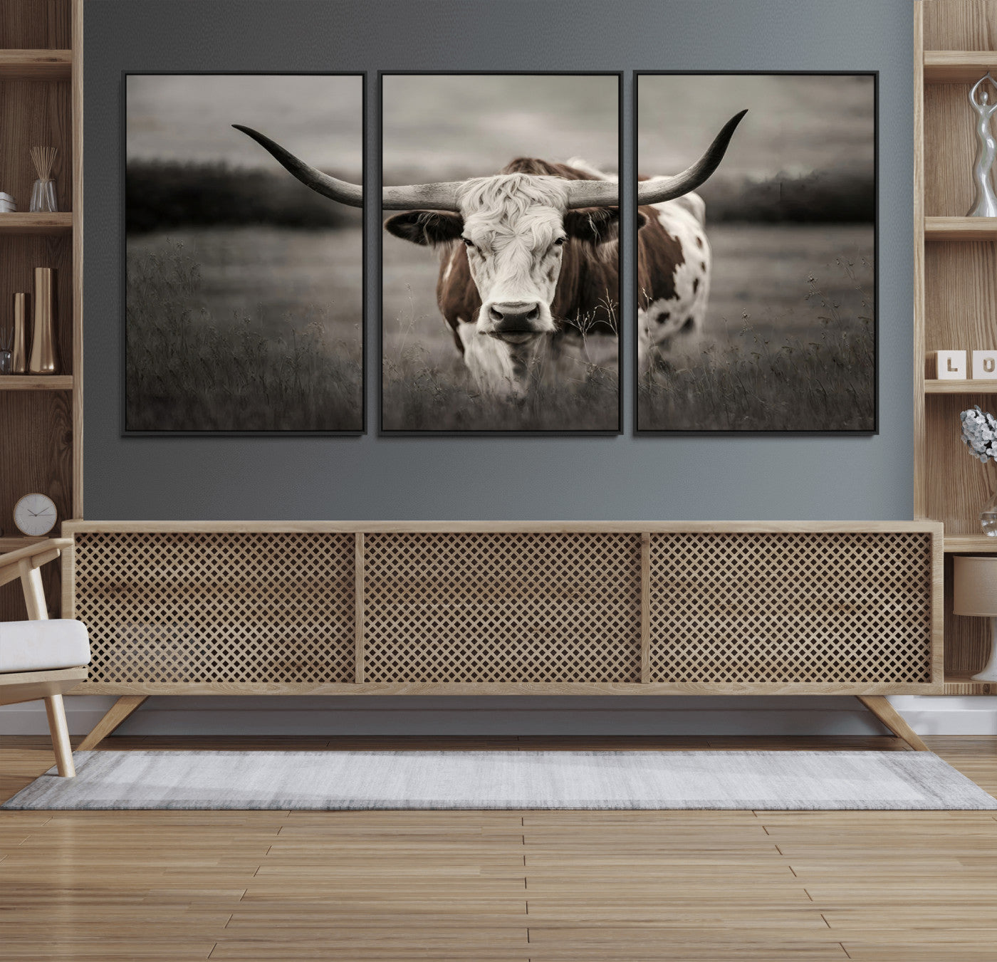 69238-MGV-FC-60X30-3P_Black-Texas Longhorn Cow Canvas Wall Art Print - Large Rustic Longhorn Art for Living Room, Western Wall
