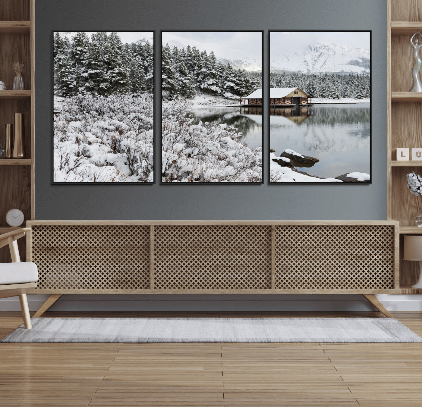 MGV-FC-60X30-3P - Winter Wall Art - Cabin by the Lake Canvas Wall Art - Serene Snowy Landscape with Mountain View,