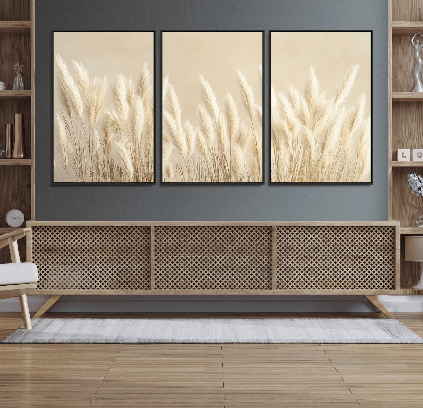 81444-MGV-FC-60X30-3P_Black-Grass Wall Art Print - Elegant Neutral Decor for Living Room, Boho Minimalist Artwork, Ready to Hang