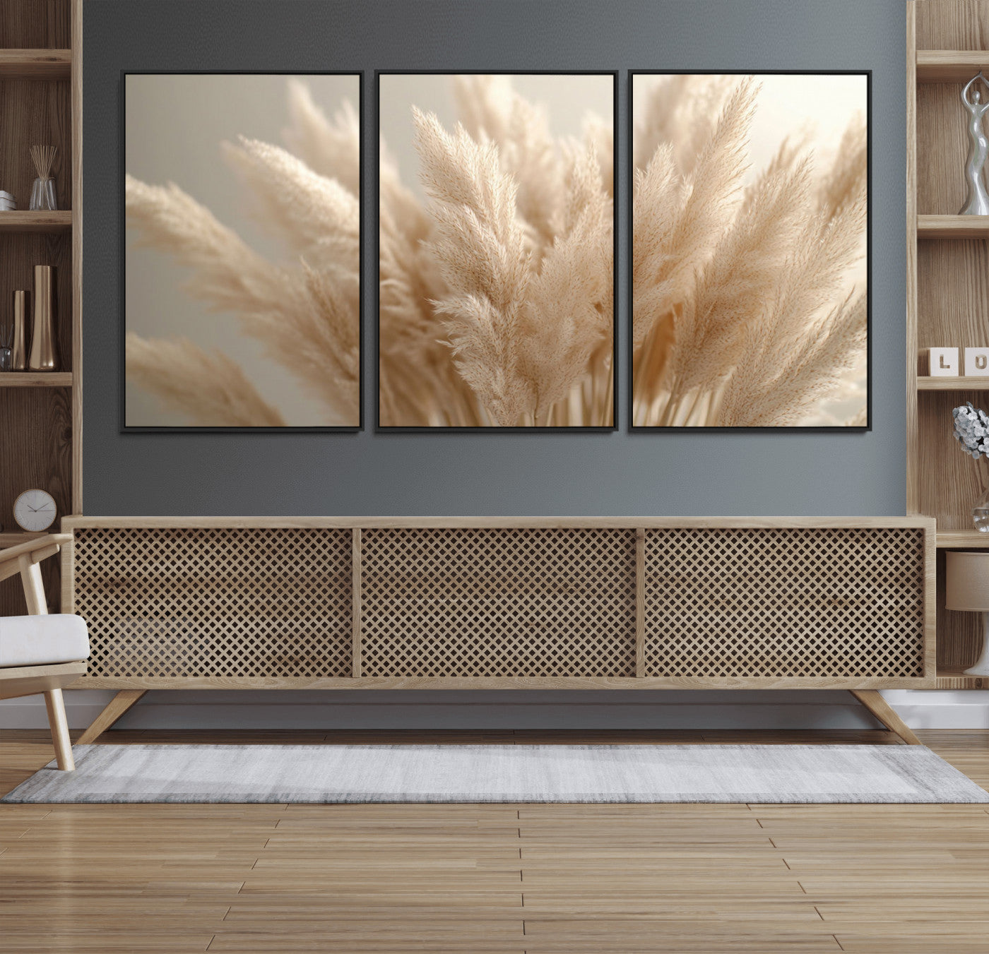 MGV-FC-60X30-3P - Pampas Grass Canvas Wall Art - Elegant Neutral Decor for Living Room, Boho Minimalist Artwork, Ready