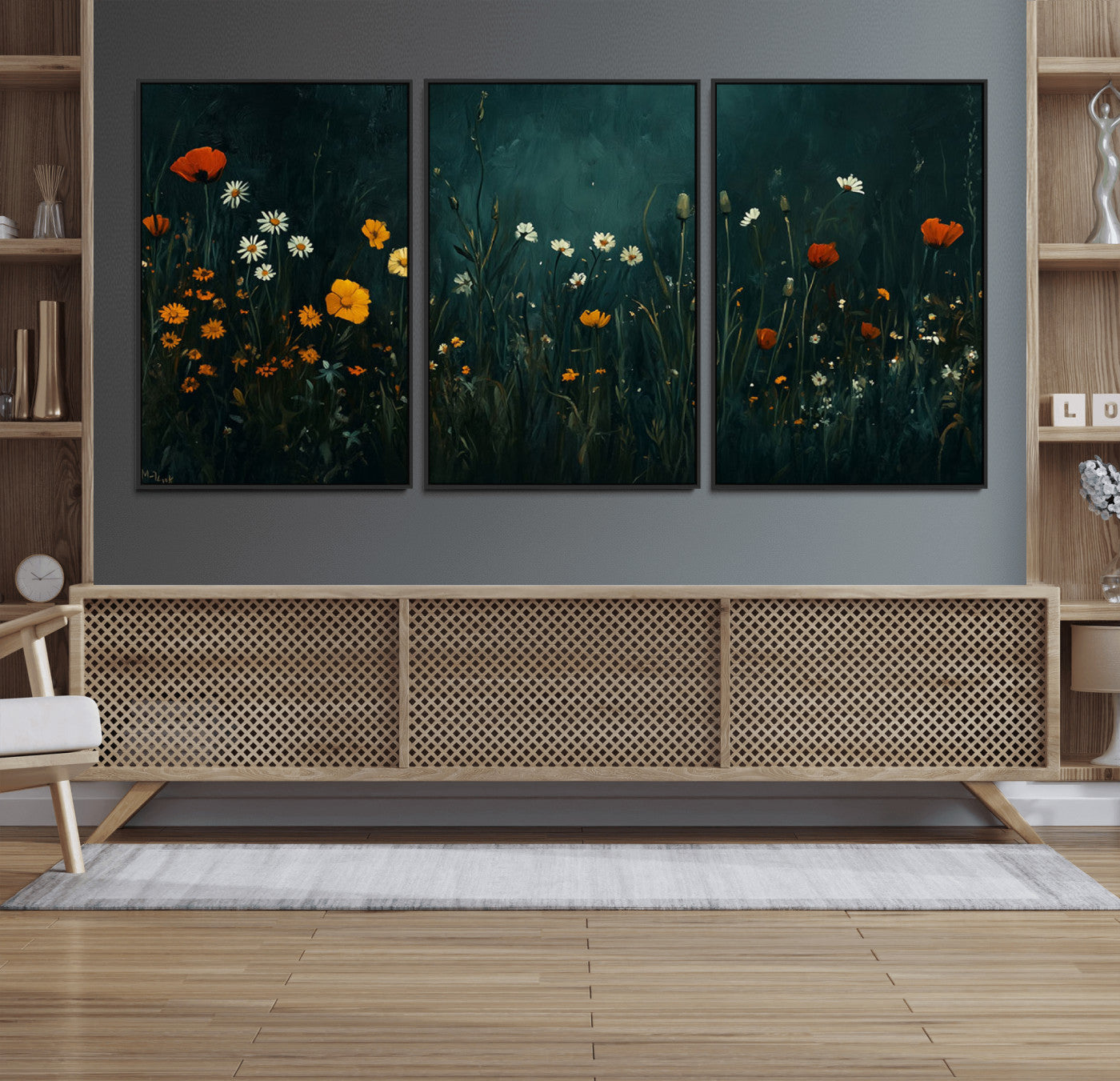MGV-FC-60X30-3P - Framed Wildflower Field Wall Art, Framed Vintage Botanical Landscape Sign, Floral Decor, Modern