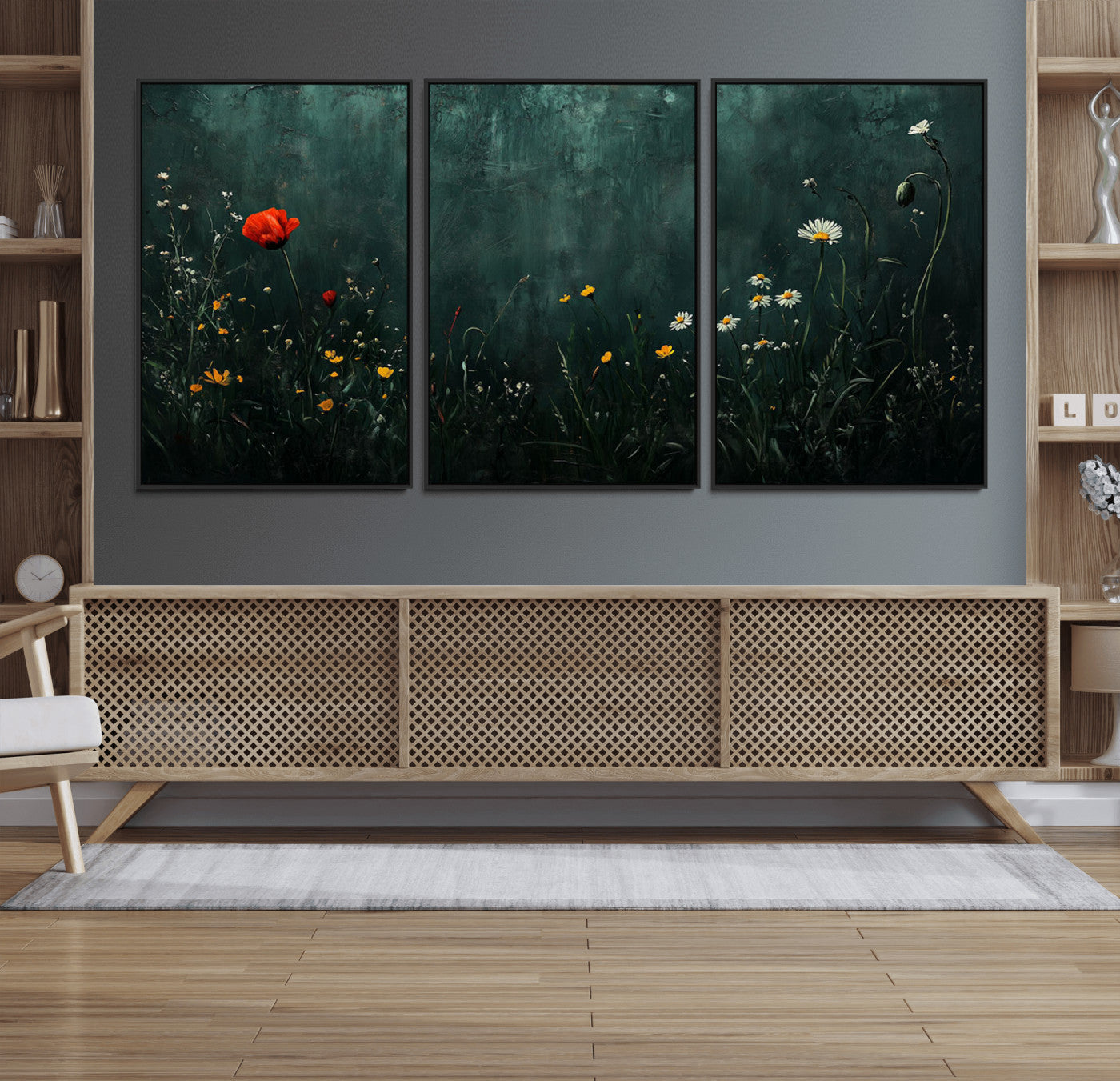 26218-MGV-FC-60X30-3P_Black-Wildflower Field Framed Wall Art, Vintage Botanical Landscape Sign, Botanical Wall Art, Modern