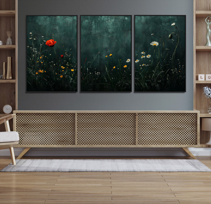 Wildflower Field Framed Wall Art, Vintage Botanical Landscape Sign, Botanical Wall Art, Modern Farmhouse Canvas Art, Field Of Flowers Canvas Print