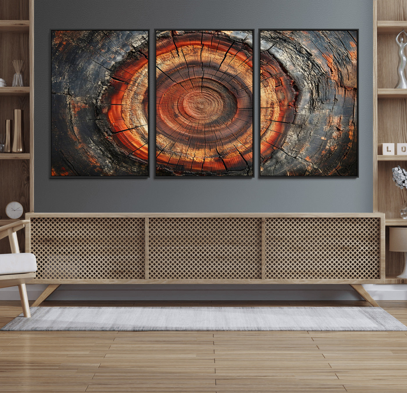 82212-MGV-FC-60X30-3P_Black-Wood Grain Canvas Wall Art - Framed Abstract Tree Ring Framed Wall Art, Wood Grain Canvas Wall
