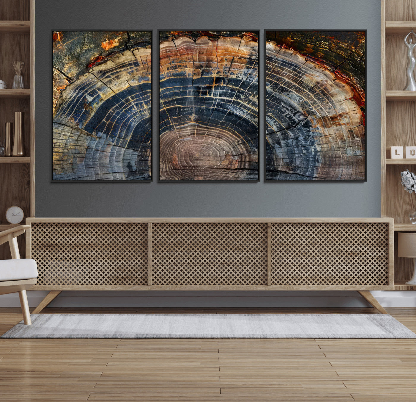 MGV-FC-60X30-3P - Framed Tree Ring Wall Art - Abstract Colorful Tree Ring Wall Decor, Minimalist Home Canvas Art,