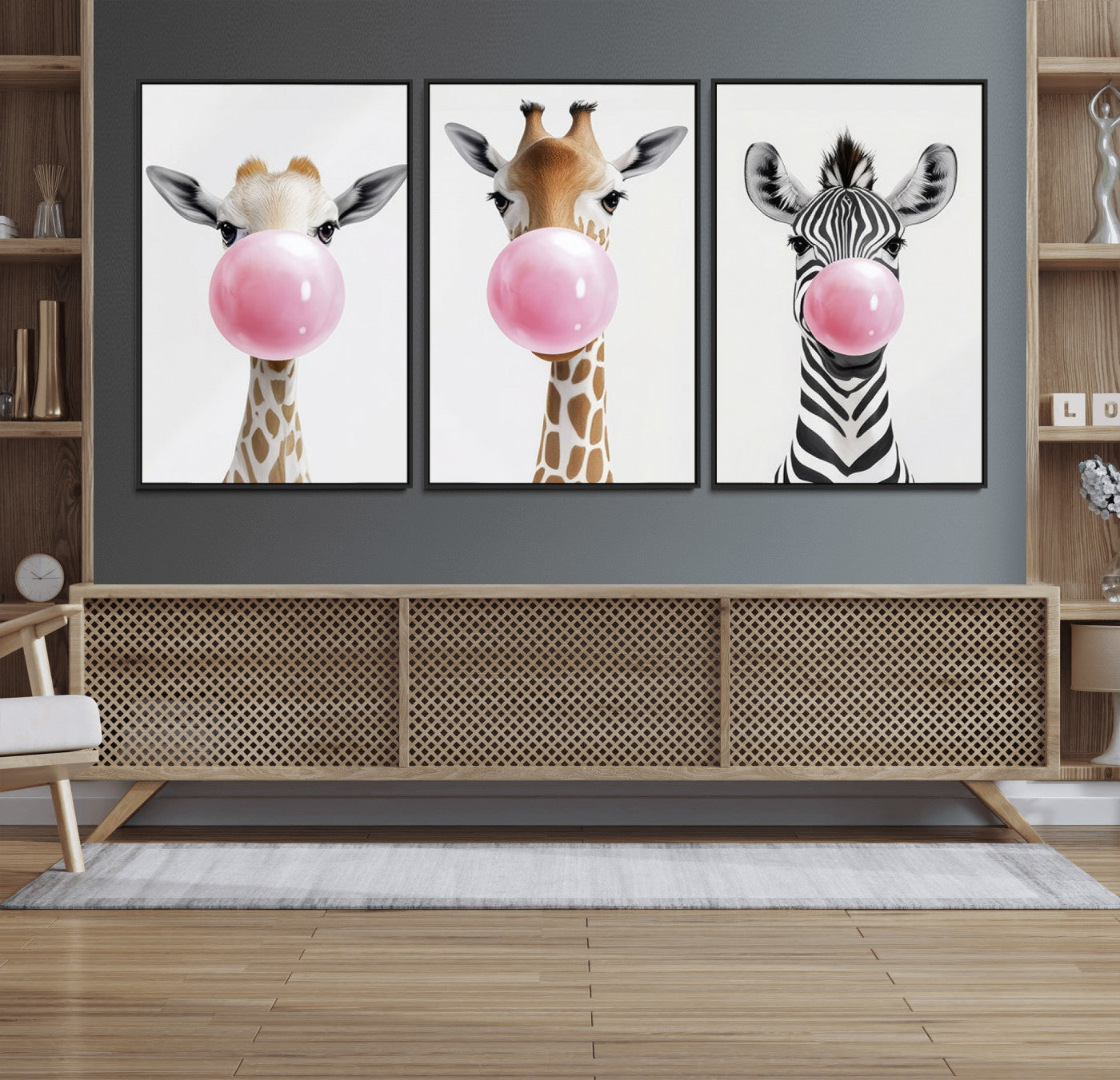 71987-MGV-FC-60X30-3P_Black-Bubblegum Animals Canvas Wall Art - Playful Giraffe and Zebra Trio, Fun Nursery Decor for Kids'