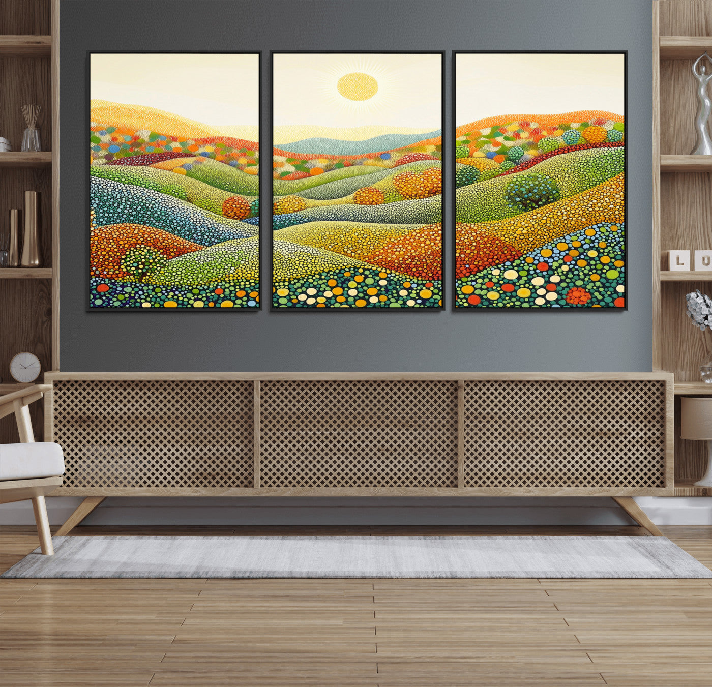 MGV-FC-60X30-3P - YAYOI KUSAMA Wall Art - Colorful Dot Art Landscape Canvas, Framed Japanese Dot Art