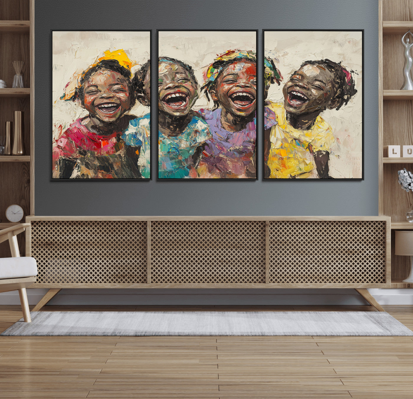 MGV-FC-60X30-3P - Shai Yossef style Joyful Childhood Canvas Wall Art - Expressive Impasto Painting of Black Children