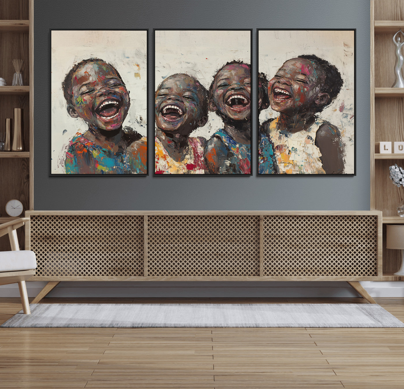 85256-MGV-CV-36X24-Shai Yossef Print - Joyful Childhood Canvas Wall Art - Expressive Impasto Painting of Laughing