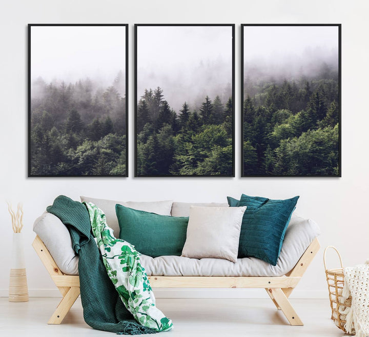 A serene triptych nature print featuring a misty forest, perfect as wall art.