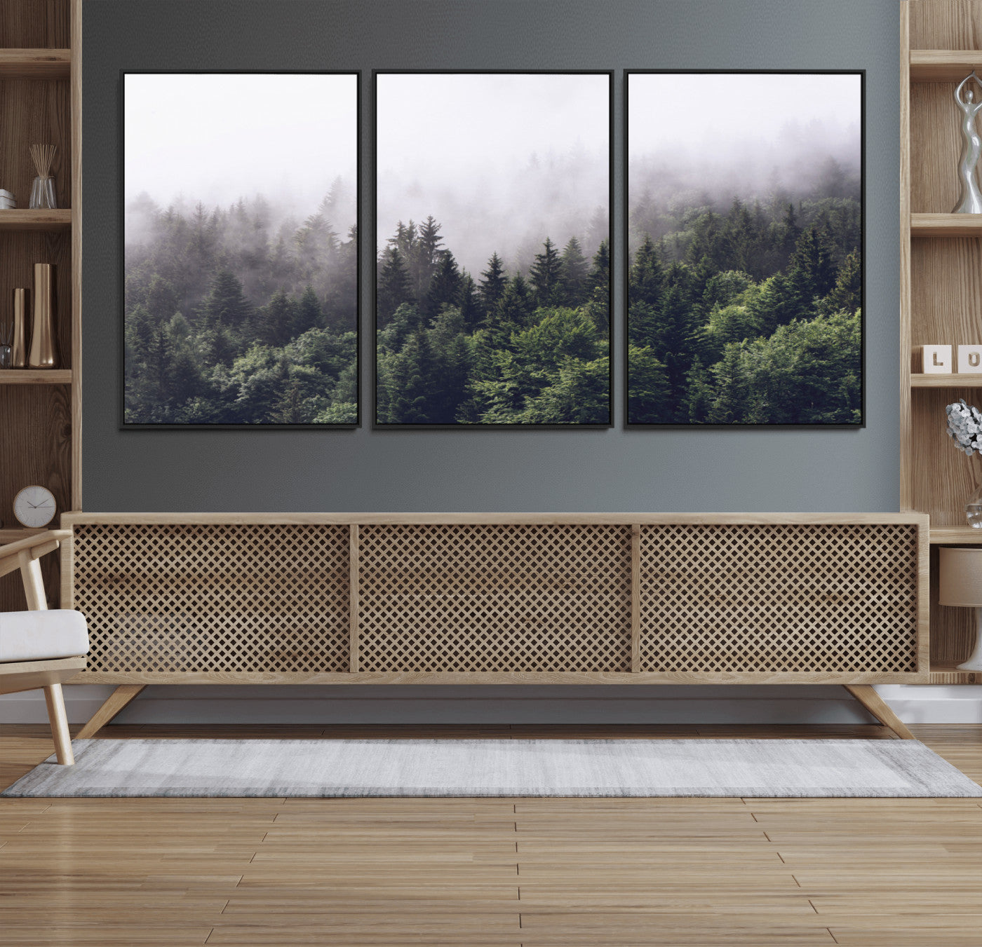 MGV-FC-60X30-3P - Misty Forest Wall Art | Foggy Forest Canvas Print | Large Nature-Inspired Misty Tree Landscape for