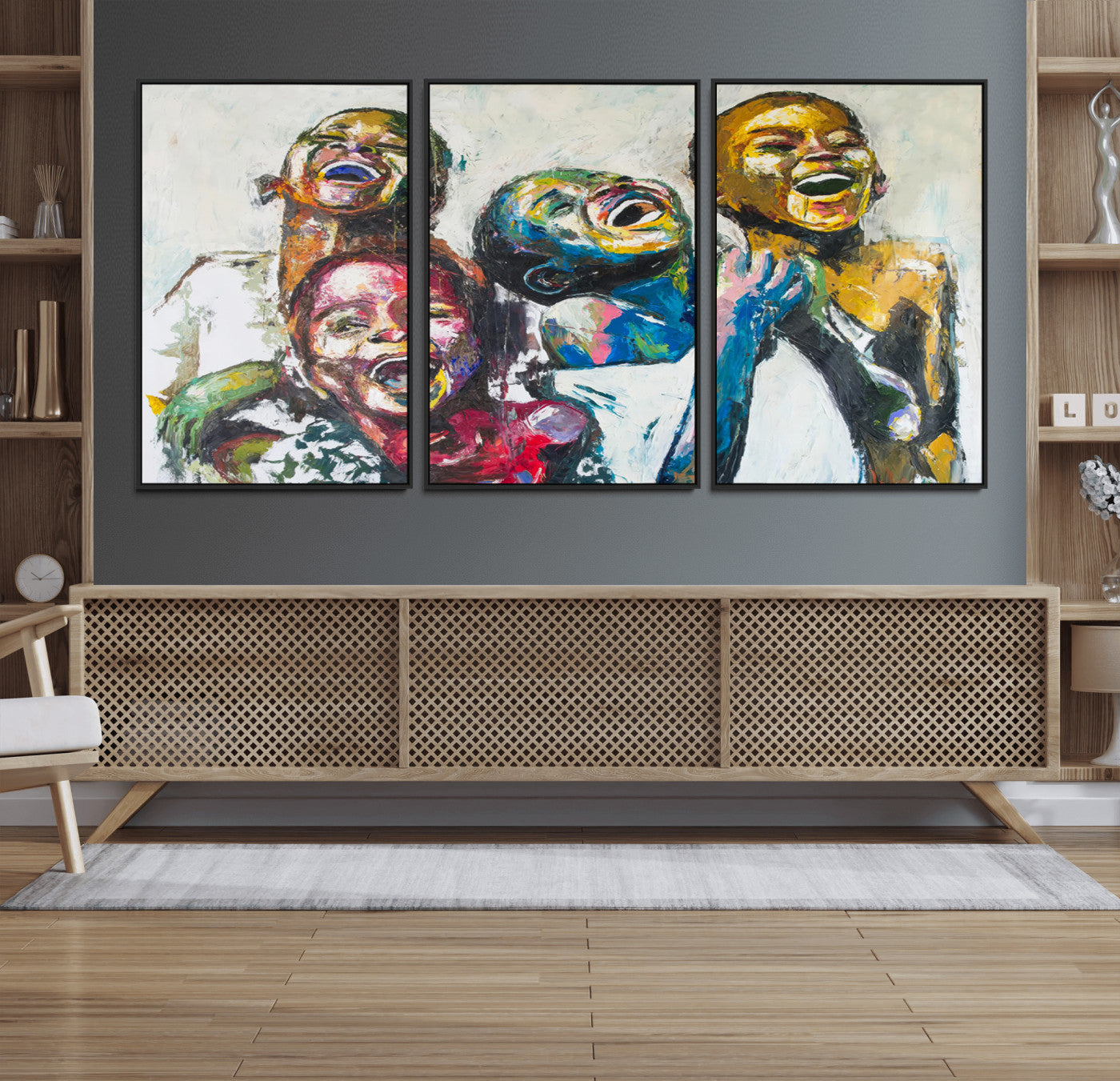 MGV-FC-60X30-3P - Shai Yossef Style Canvas Art - Joyful African Black Kids Impasto Painting with Vibrant Brushstrokes,