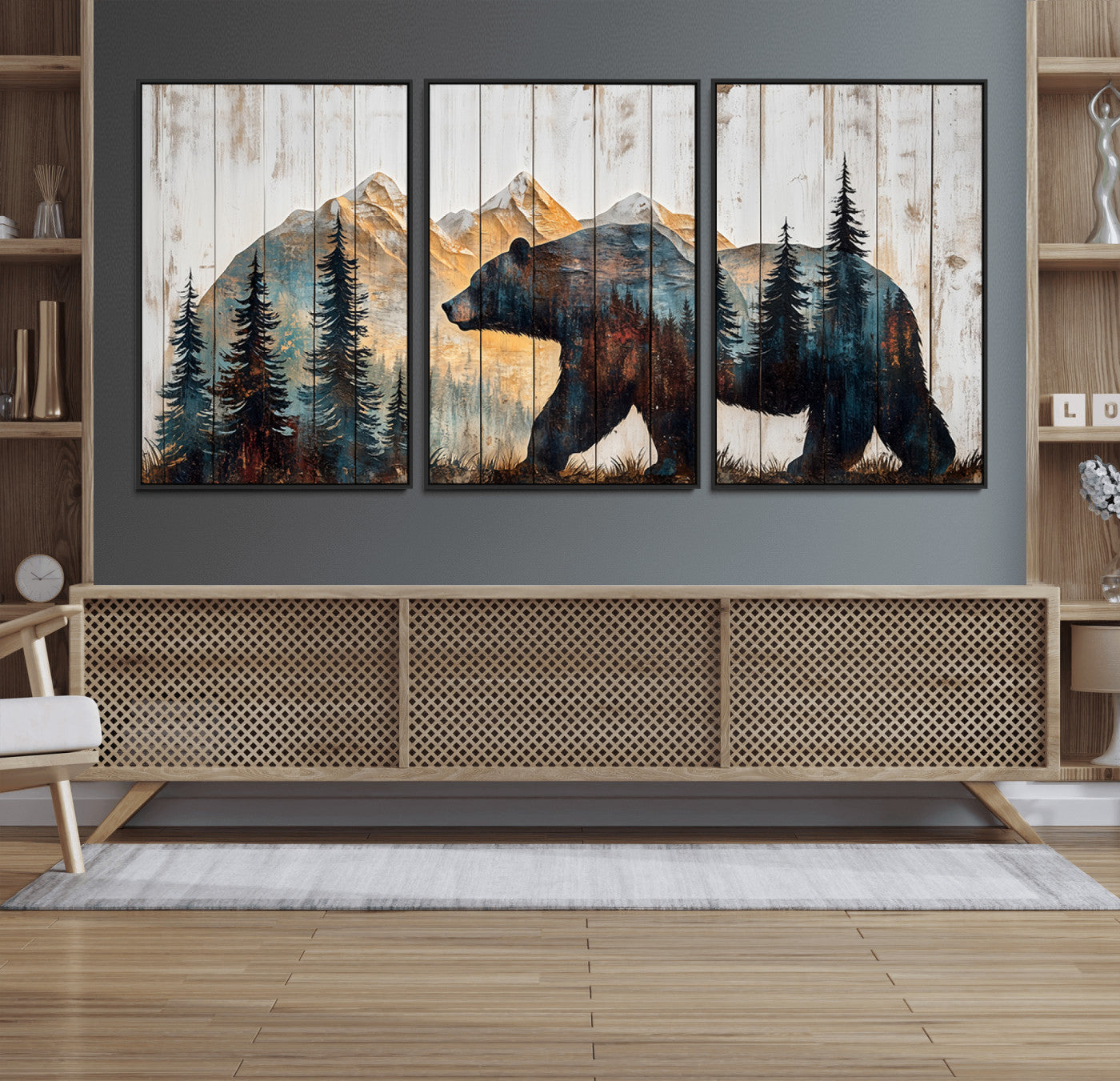 90077-MGV-FC-60X30-3P_Black-Rustic Bear Wall Art - Grizzly 399 Bear Wall Art - Mountain Wood Canvas Wall Art - Nature Theme