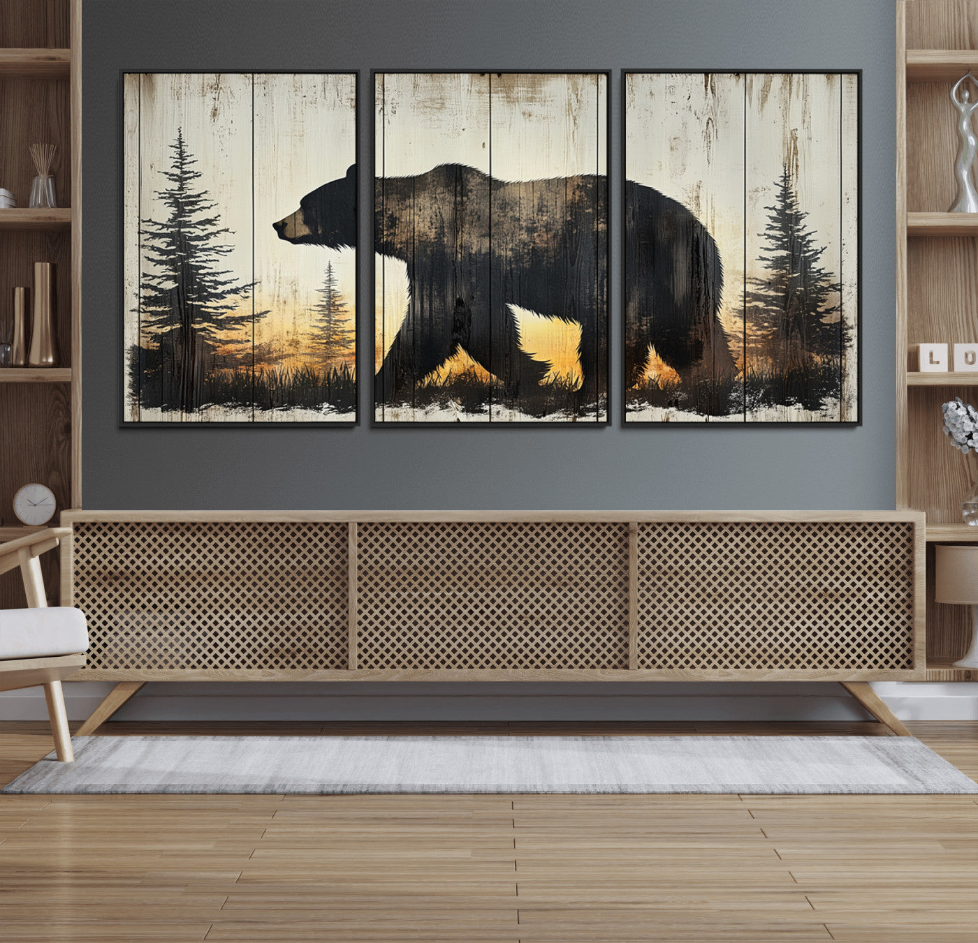 MGV-FC-60X30-3P - Vintage Bear Wall Art Canvas Print for Farmhouse - Mountain Wood Canvas Wall Art - Forest Silhouette