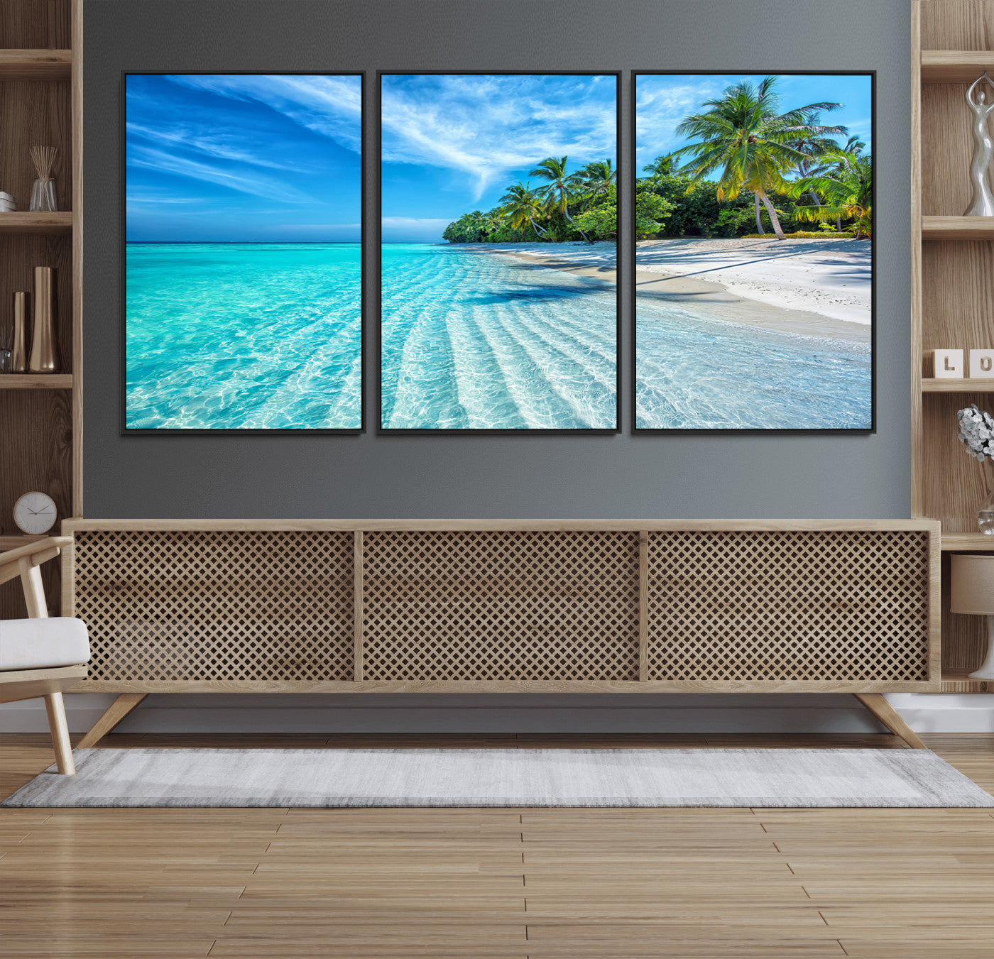 MGV-FC-60X30-3P - Tropical Beach Wall Art Canvas Print - Serene Ocean Landscape with Crystal Clear Turquoise Water and
