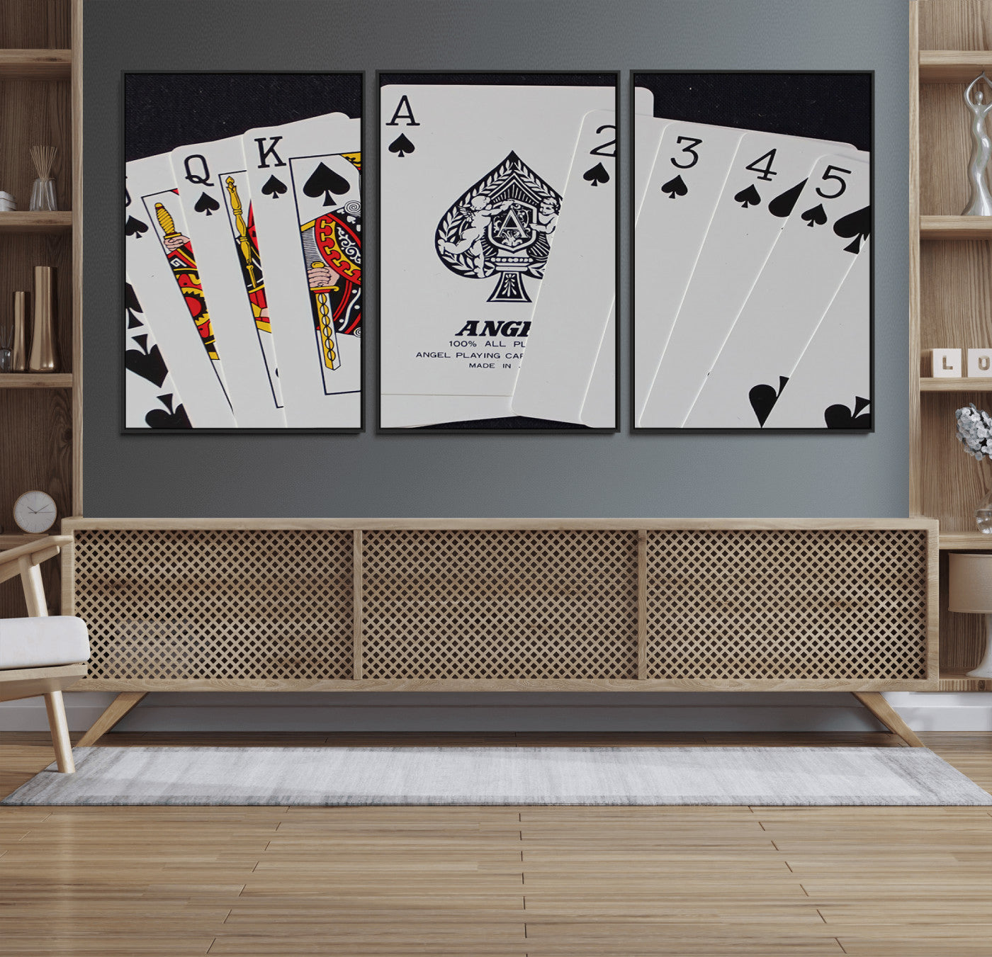 56787-MGV-FC-60X30-3P_Black-Poker Wall Art - Playing Cards Canvas Wall Art Print - Ace of Spades and Royal Flush Design, Perfect