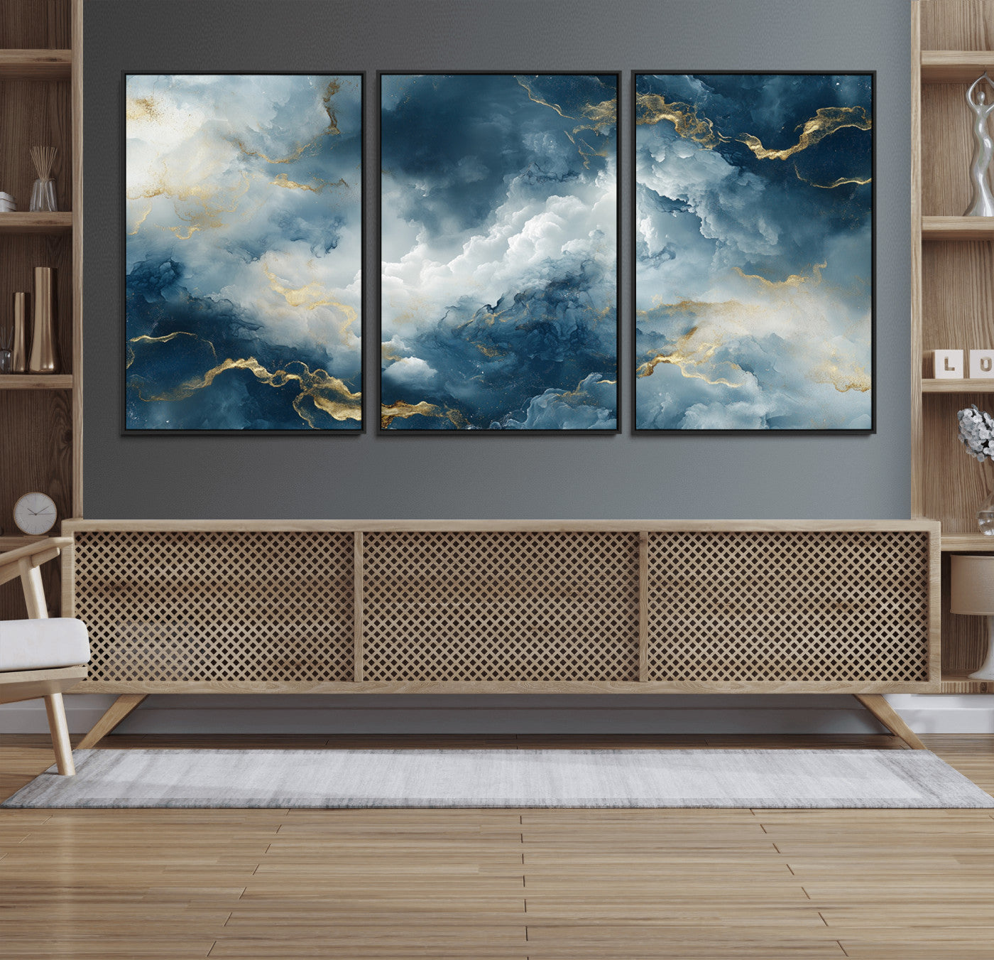 48298-MGV-FC-60X30-3P_Black-Large Abstract Print - Luxe Blue and Gold Abstract Canvas Wall Art - Bold Cloudscape Canvas for