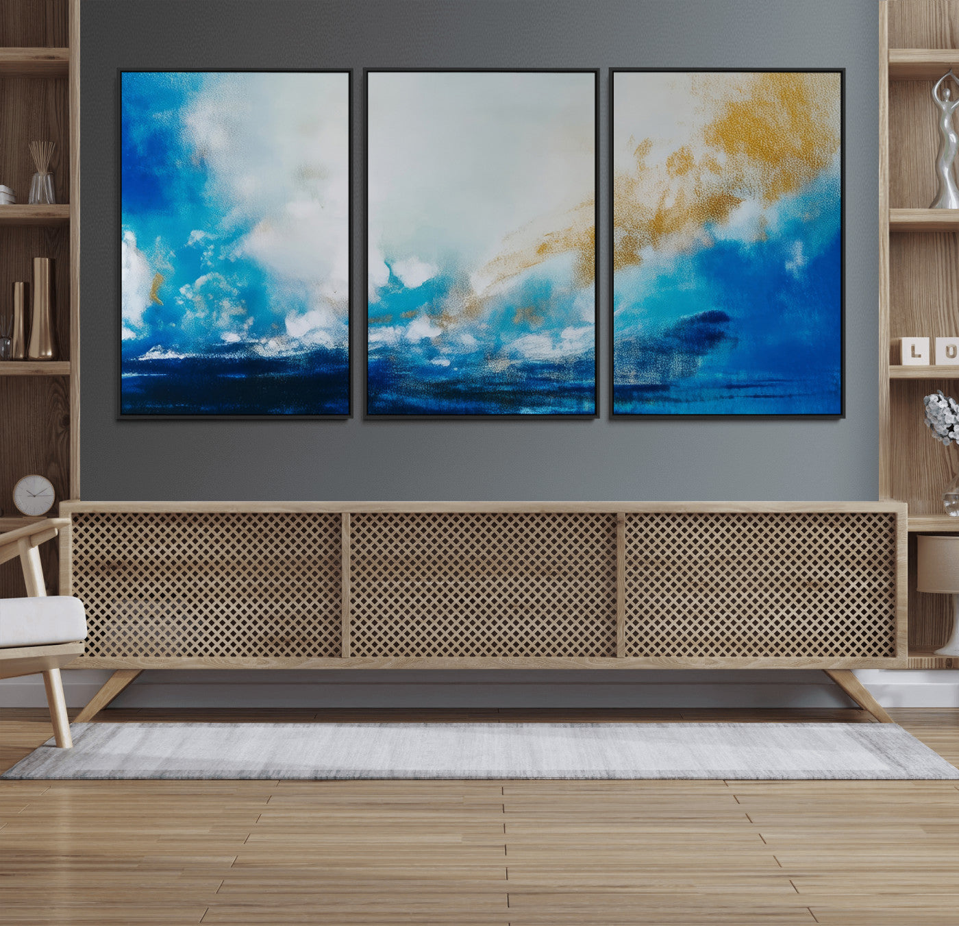 84745-MGV-FC-60X30-3P_Black-Blue Abstract Print - Dynamic Ocean-Inspired Canvas Wall Art