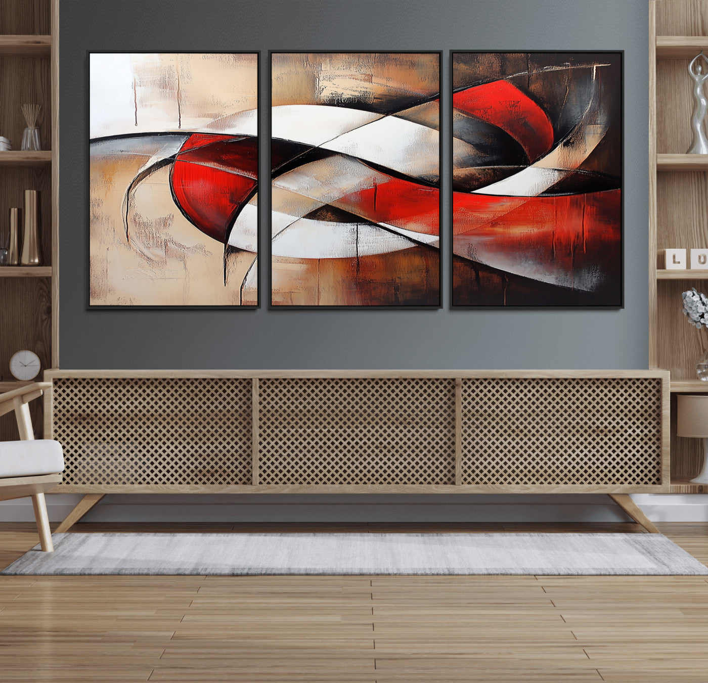 15342-MGV-FC-60X30-3P_Black-Abstract Wall Art - Modern Red and White Canvas Wall Art Print - Bold Geometric Abstract Canvas for