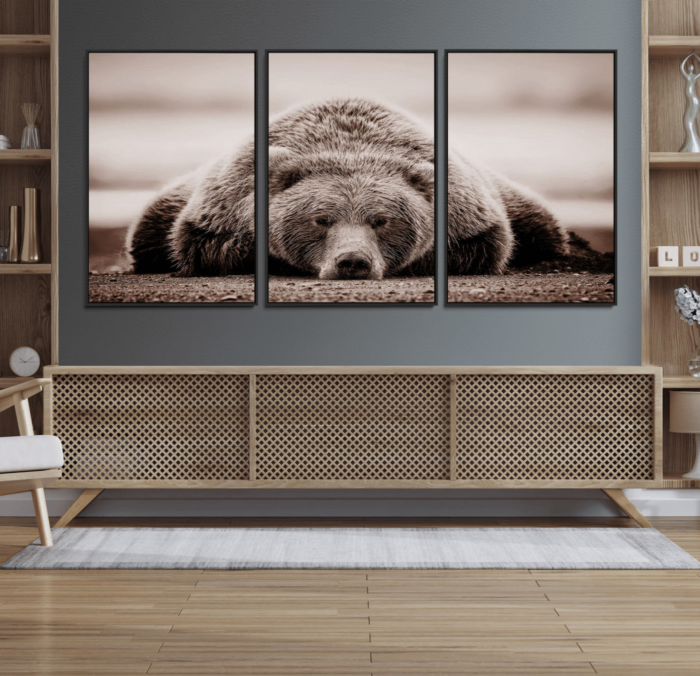 20611-MGV-FC-60X30-3P_Black-Grizzly Bear Wall Art Print - Bear Canvas Wall Art - Rustic Bear Portrait Canvas Print for Cabin