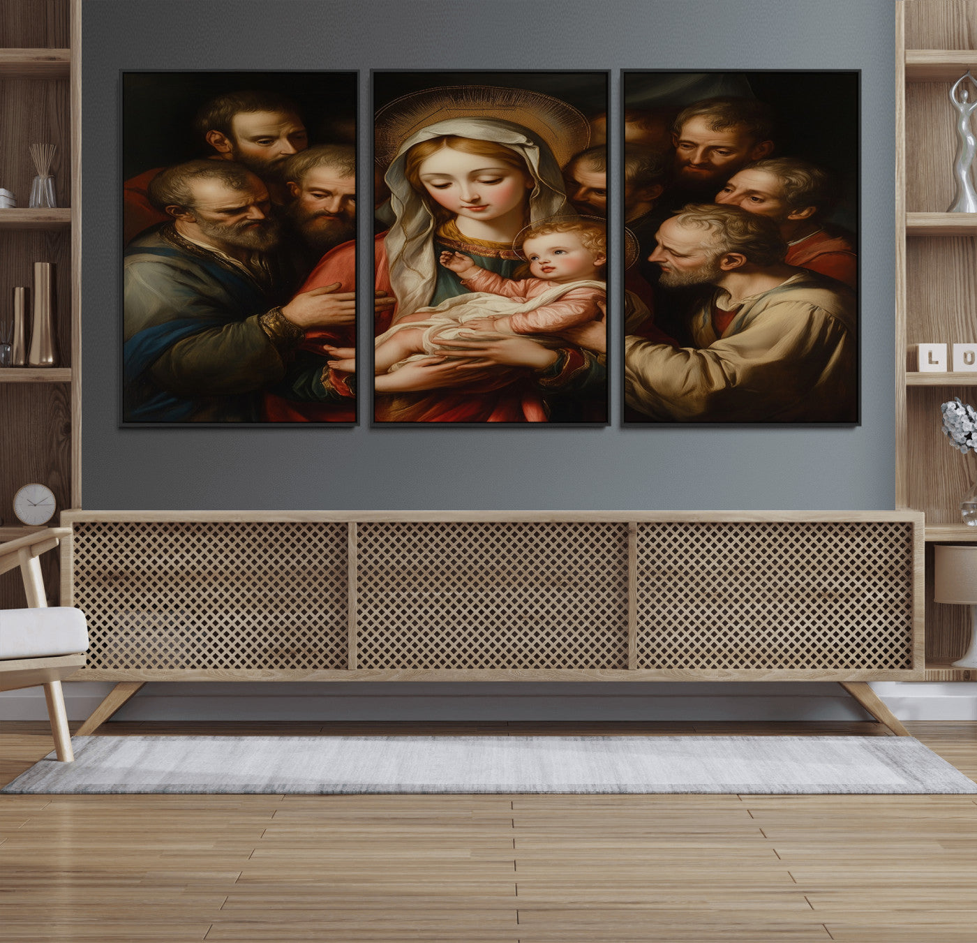 MGV-FC-60X30-3P - Religious Canvas Wall Art Print - Madonna and Child with Apostles Art Print - Classic Christian