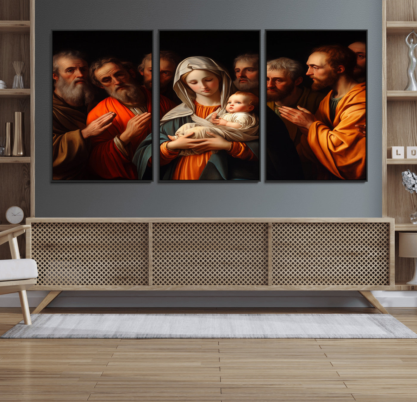 MGV-FC-60X30-3P - Religious Canvas Wall Art Print - Madonna and Child with Apostles Art Print - Classic Christian