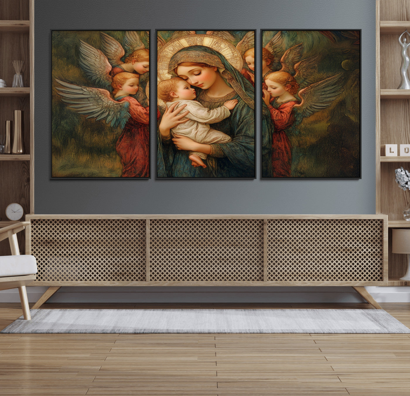 MGV-FC-60X30-3P - Mary Jesus Canvas Wall Art Print - Madonna and Child with Angels Art Print - Classic Christian