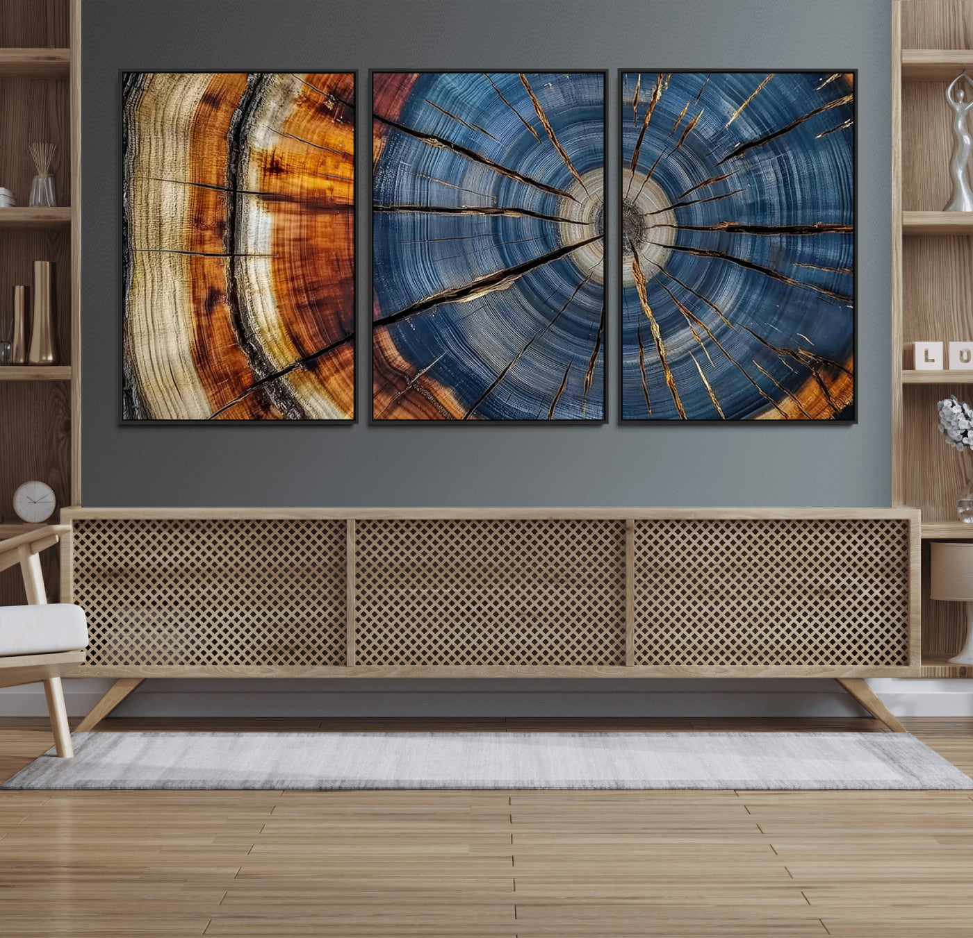10583-MGV-FC-60X30-3P_Black-Abstract Tree Rings Canvas Wall Art - Wood Grain Canvas Print - Nature-Inspired Modern Wood Grain