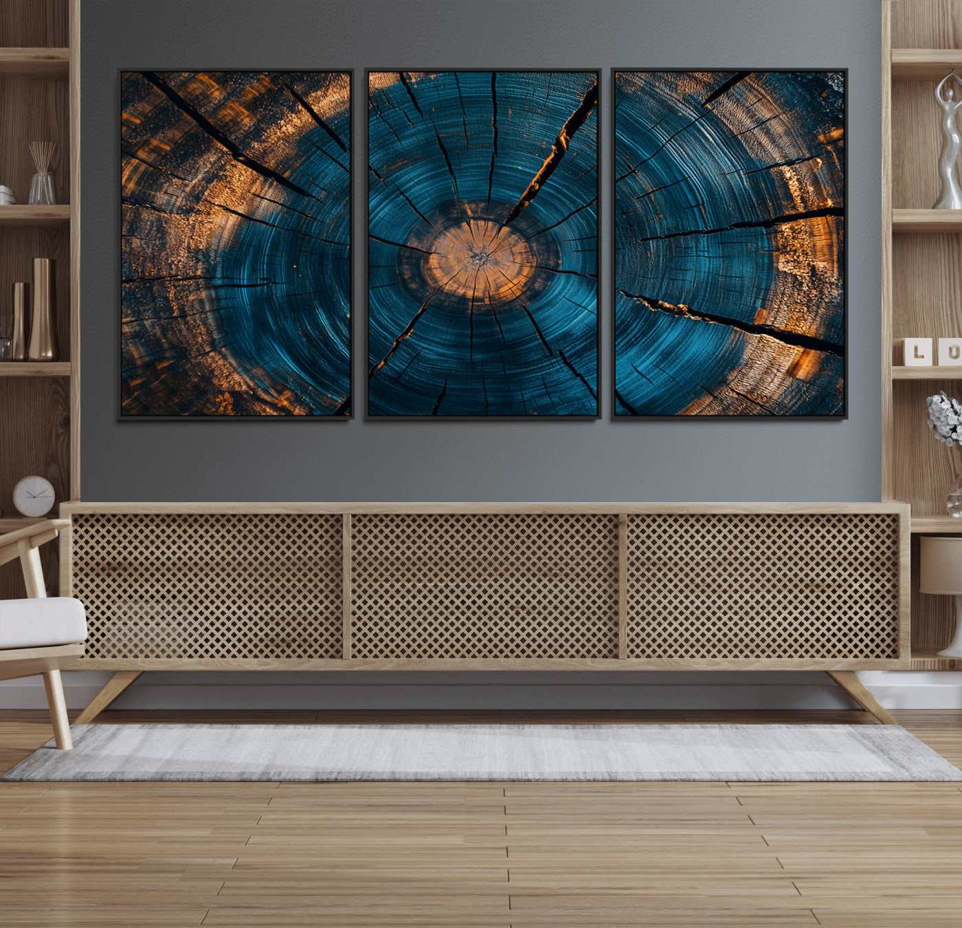 MGV-FC-60X30-3P - Abstract Tree Rings Wall Art Canvas Print - Wood Grain Rings Artwork Print - Nature Woodland Modern
