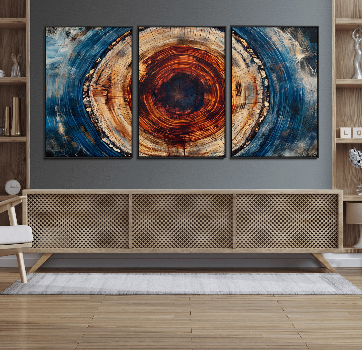 90395-MGV-FC-60X30-3P_Black-Abstract Framed Tree Rings Wall Decor, Wood Grain Rings Artwork Print, Nature Woodland Modern Wall
