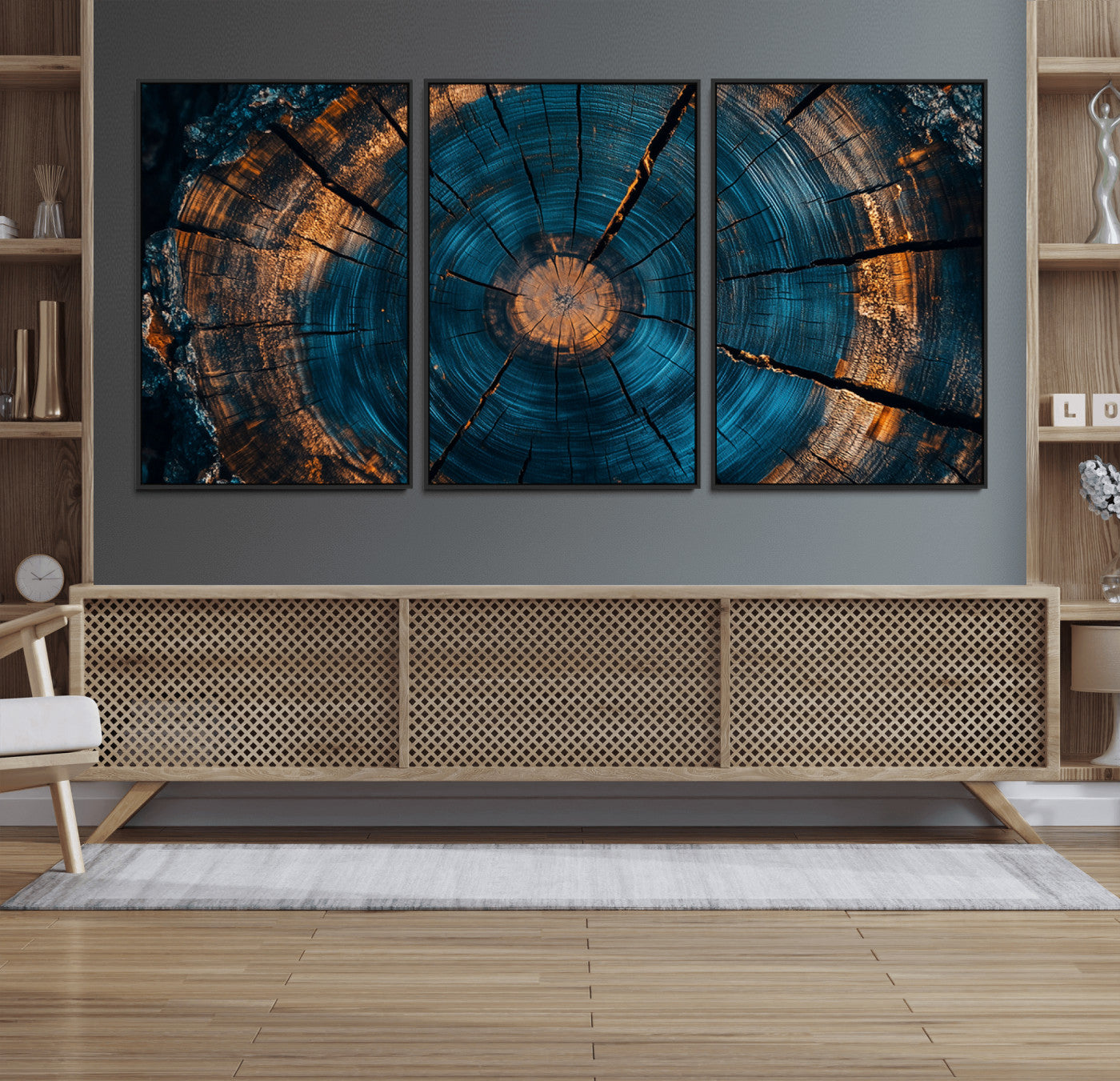 MGV-FC-60X30-3P - Farmhouse Wall Art - Abstract Tree Rings Canvas Wall Art Print, Framed Wood Grain Rings Artwork