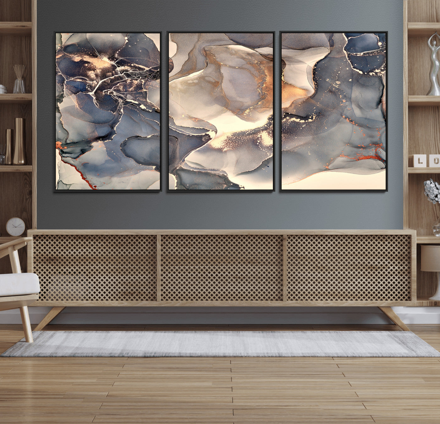 MGV-FC-60X30-3P - Abstract Blue and Gold Wall Art - Fluid Ink Artwork - Modern Luxury Wall Decor for Contemporary