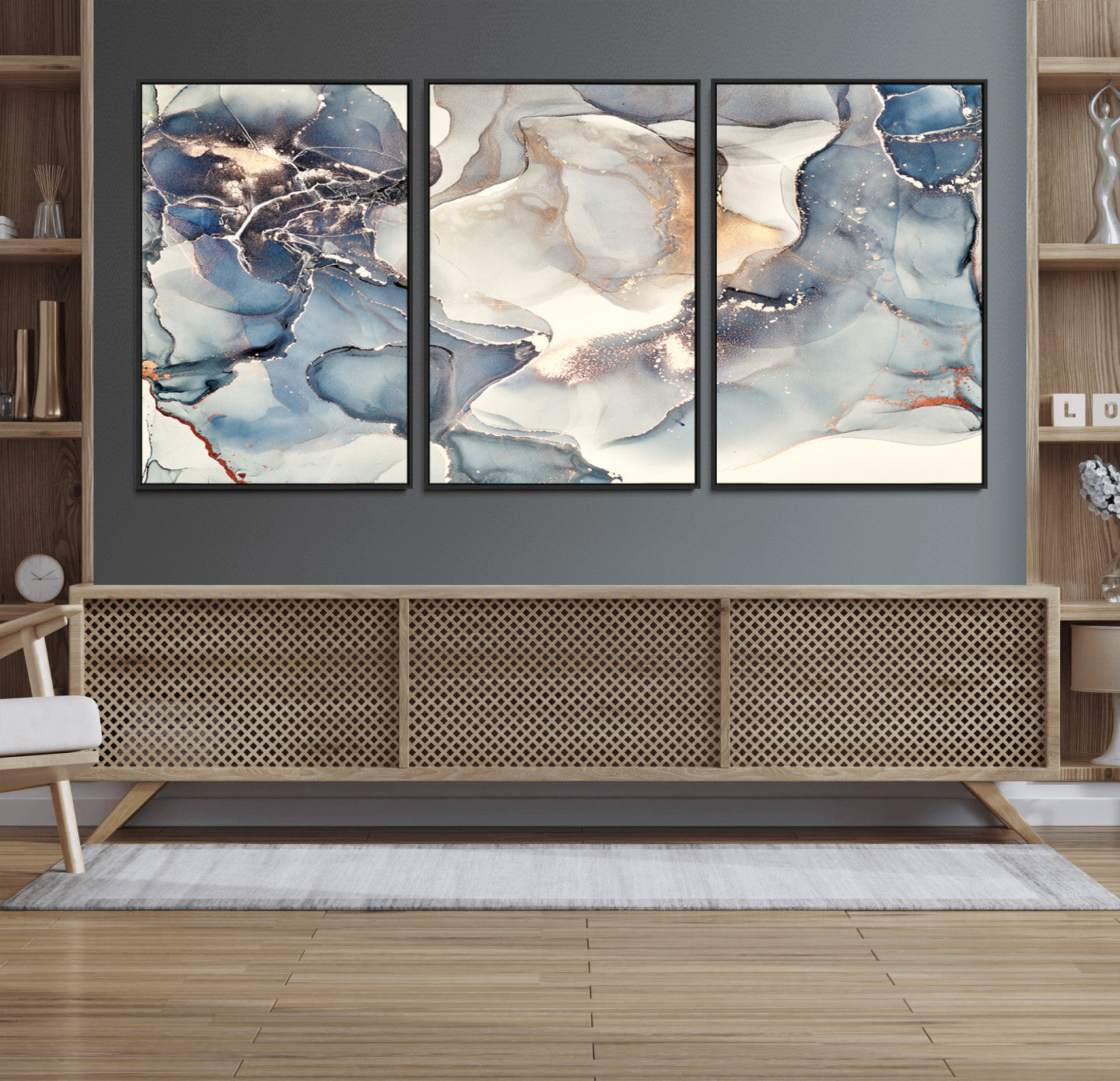 MGV-FC-60X30-3P - Abstract Blue and Gold Canvas Wall Art - Fluid Modern Ink Artwork - Modern Luxury Wall Decor for
