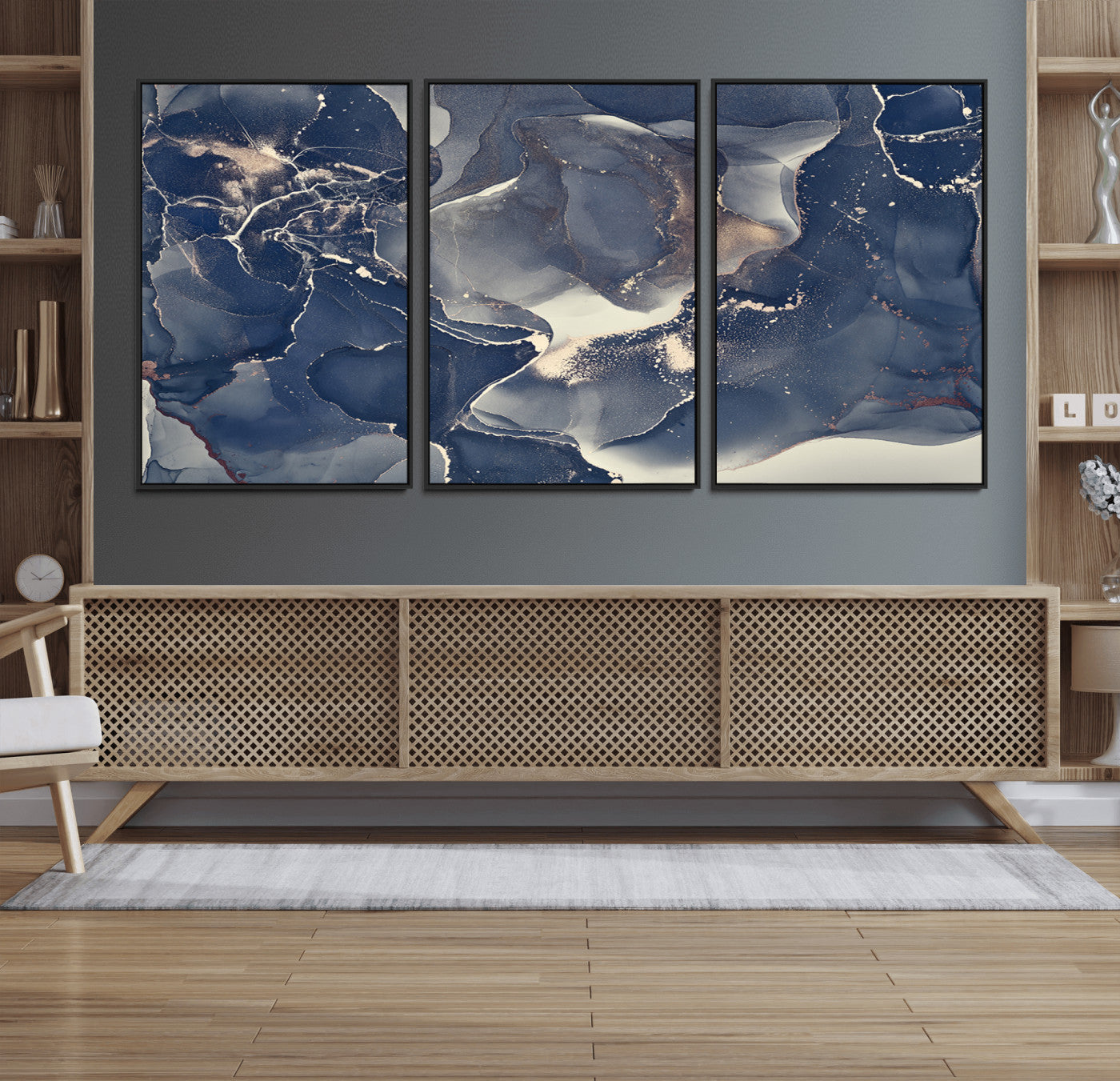 MGV-FC-60X30-3P - Large Abstract Blue and Gold Canvas Wall Art | Fluid Ink Artwork Print | Luxury Wall Decor for