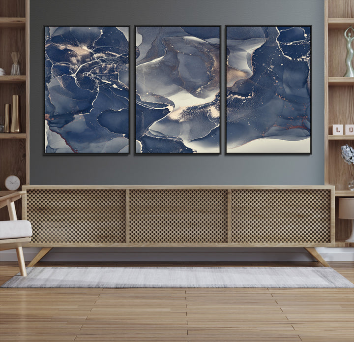 Large Abstract Blue and Gold Canvas Wall Art | Fluid Ink Artwork Print | Luxury Wall Decor for Contemporary Interiors | Framed Ready to Hang
