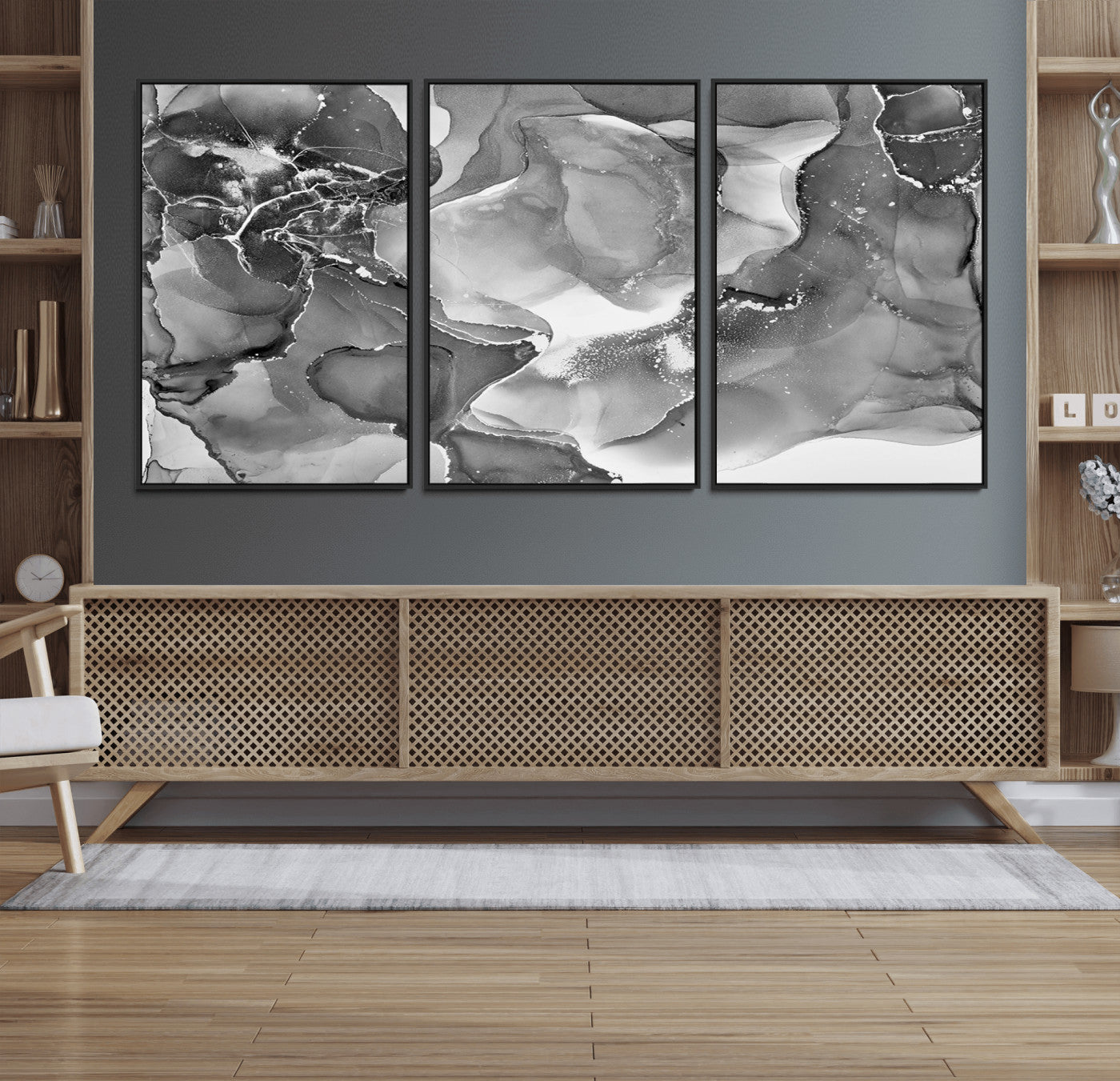 MGV-FC-60X30-3P - Black White Abstract Canvas Wall Art - Fluid Ink Artwork - Modern Luxury Wall Decor for Contemporary