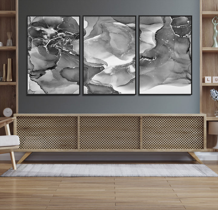 Black White Abstract Canvas Wall Art - Fluid Ink Artwork - Modern Luxury Wall Decor for Contemporary Interiors