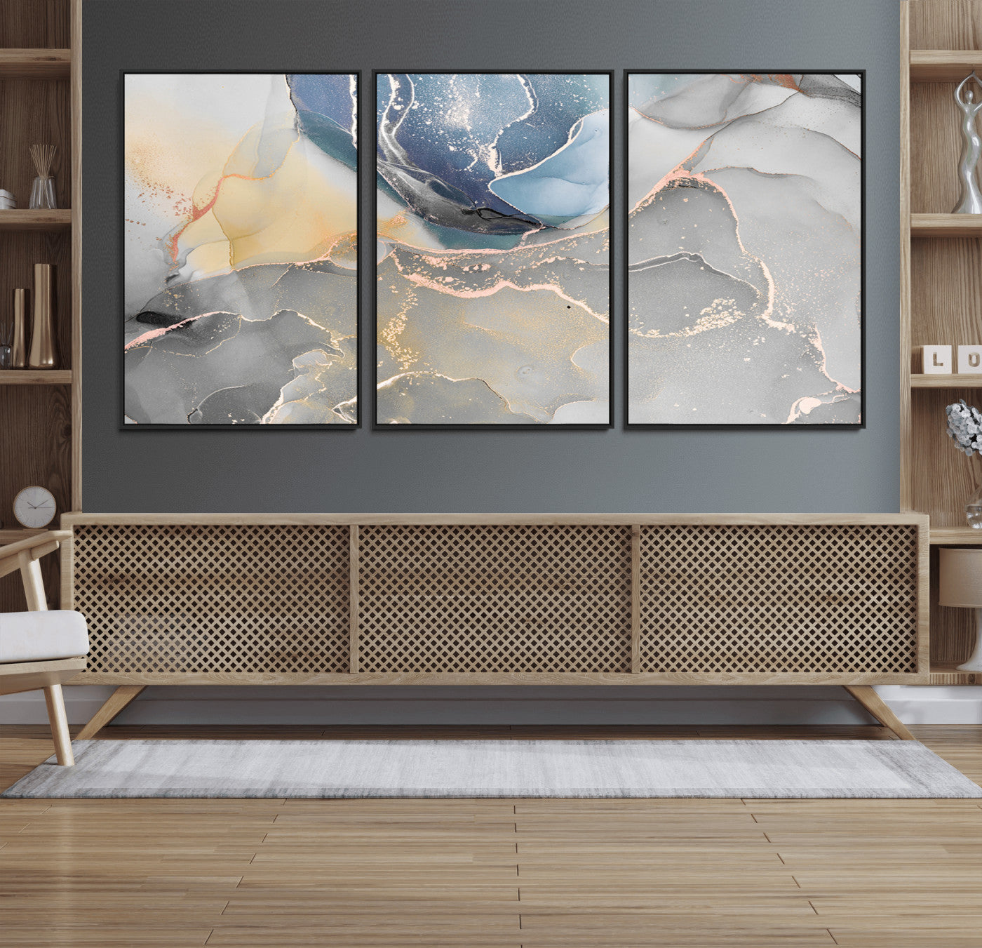 18176-MGV-FC-60X30-3P_Black-Large Abstract Blue and Gold Canvas Wall Art | Fluid Ink Artwork Print | Luxury Wall Decor for