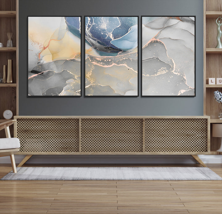 Large Abstract Blue and Gold Canvas Wall Art | Fluid Ink Artwork Print | Luxury Wall Decor for Contemporary Interiors | Framed Blue and Gold
