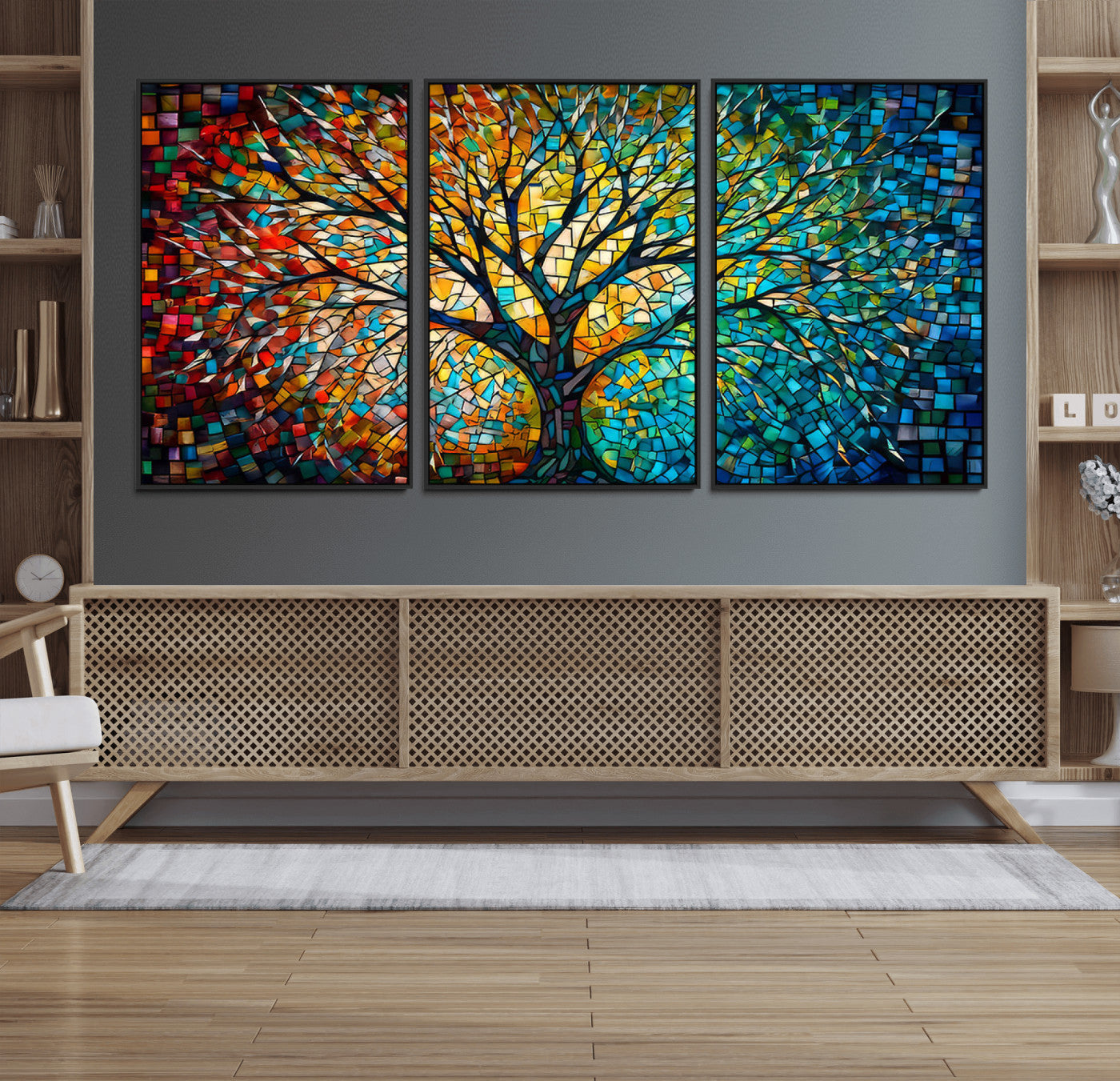 99325-MGV-FC-60X30-3P_Black-Yggdrasil Tree of Life Wall Art Print Canvas | Mosaic Style 3-Panel Canvas Print