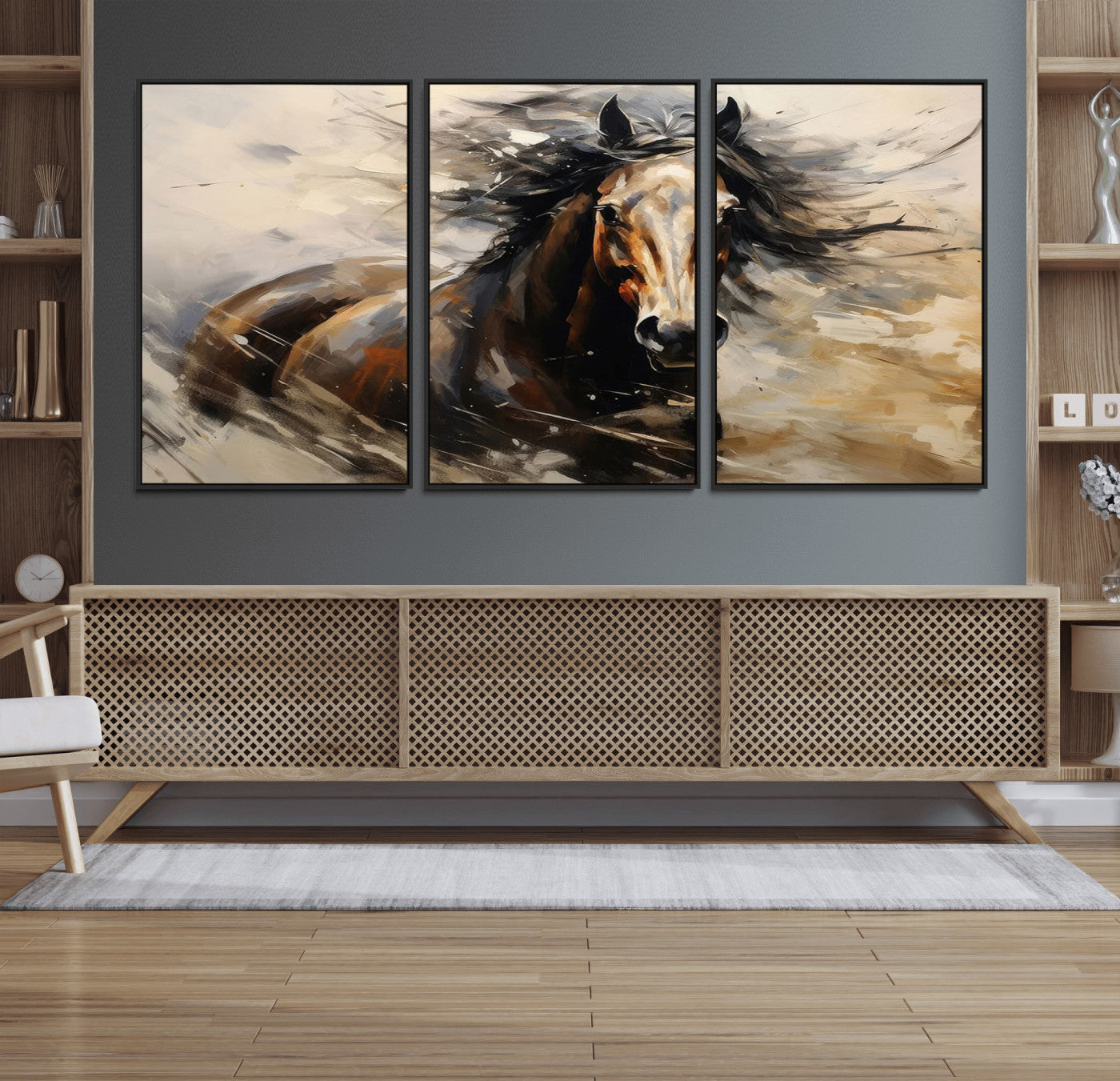 53001-MGV-FC-60X30-3P_Black-Abstract Wall Art Horse Print - Large Western Horse Canvas - Farmhouse Woodland Wall Art - Framed