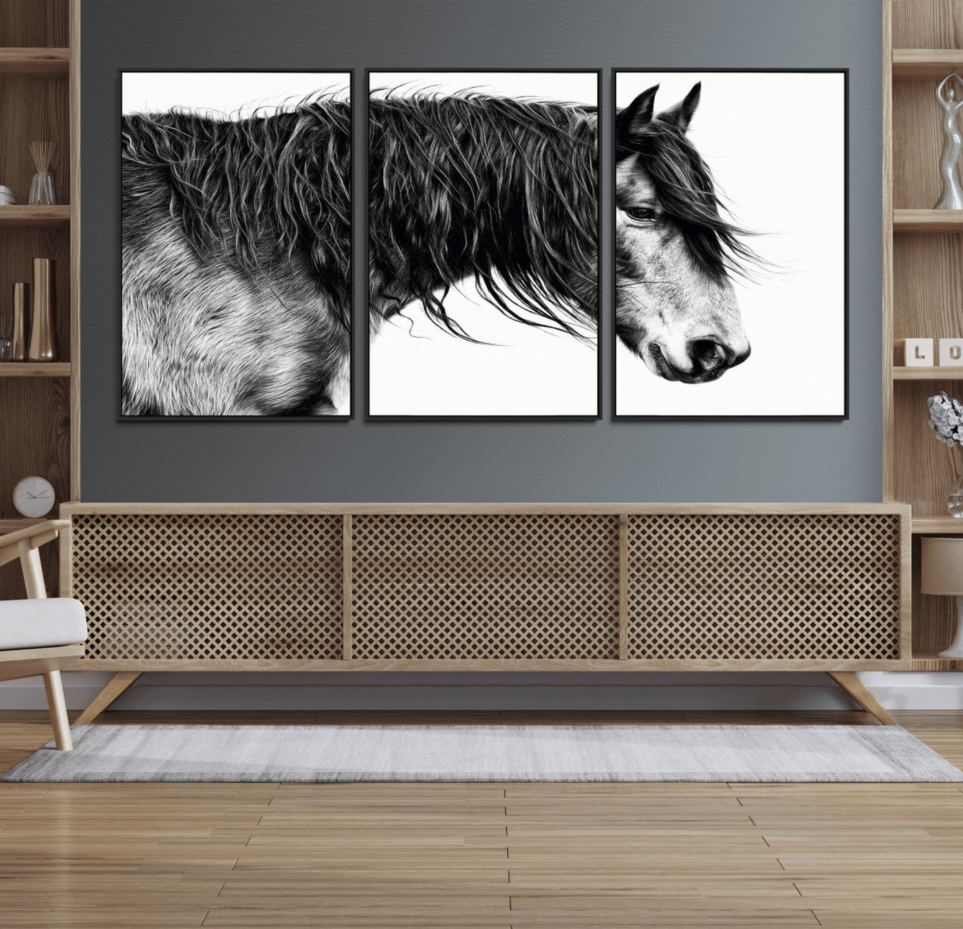 MGV-FC-60X30-3P - Black Horse Wall Art Canvas Print for Farmhouse Decor and Woodland Decoration